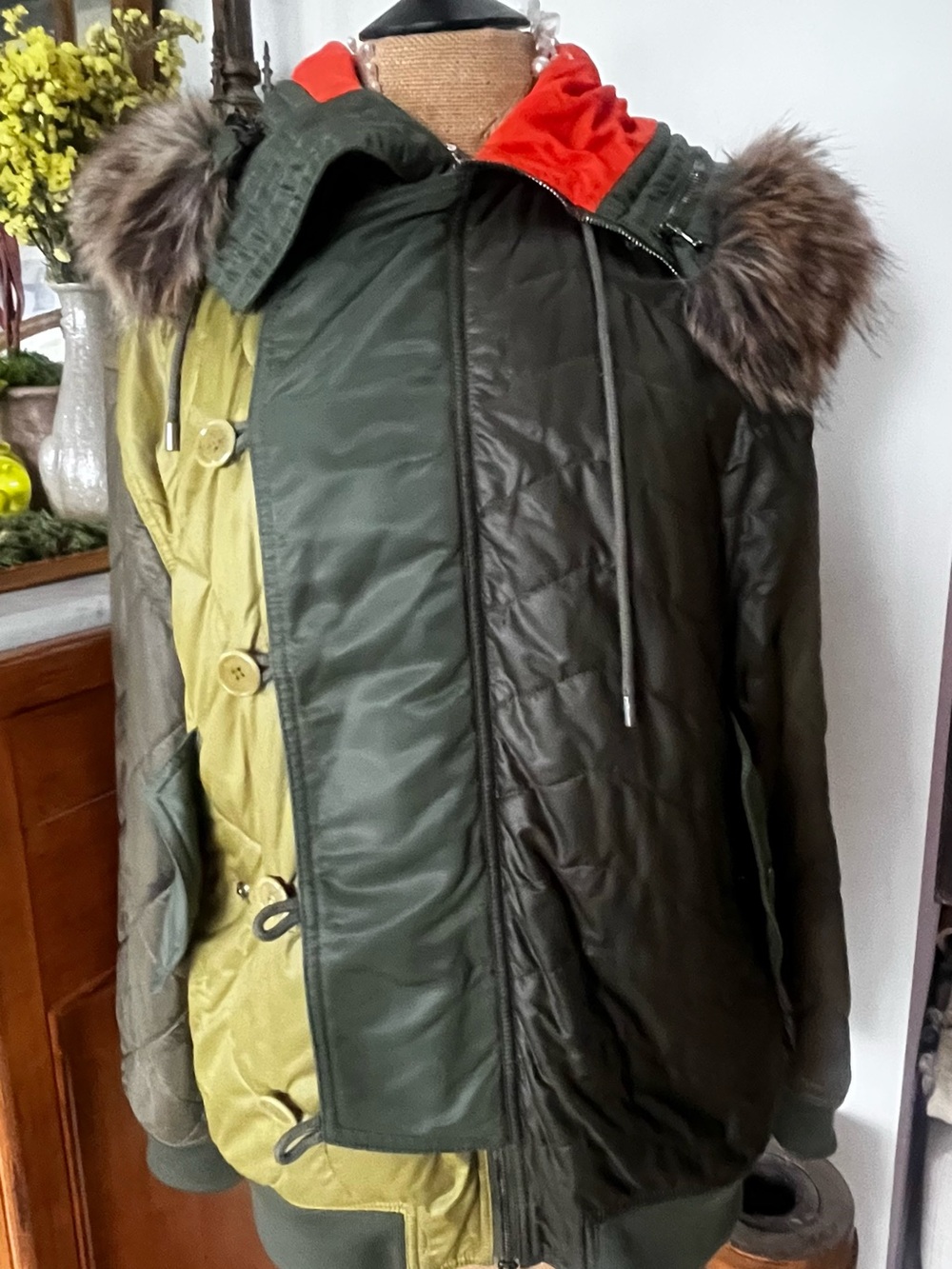 Moschino Couture Quilted Bomber Jacket in Olive, Khaki & Orange w Fur Trim